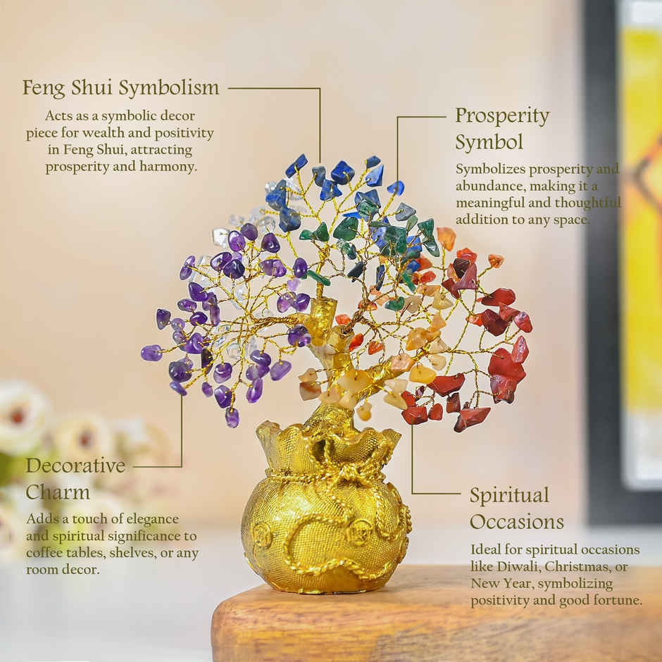 HINDCRAFT 7 Chakra Healing Crystal Bonsai Tree of Life with Golden Abundance Base