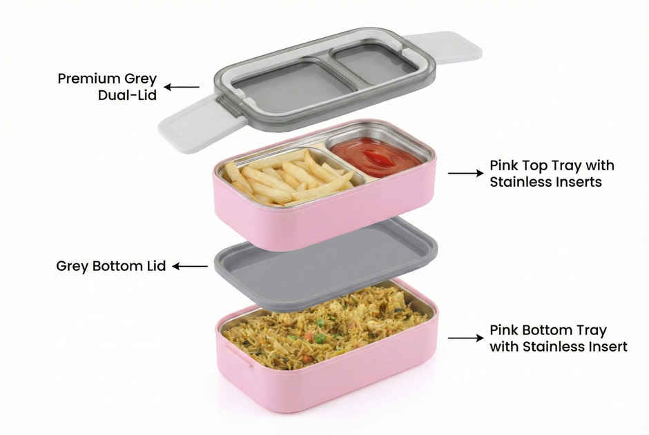 2Mech Stainless Steel Premium Quality 2 layer Lunchbox | Pink