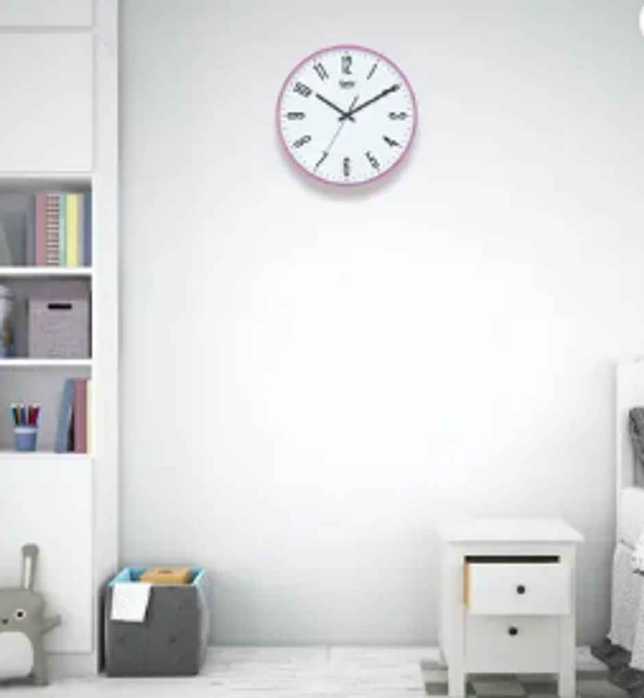 Ajanta Analog 30 cm x 30 cm Wall Clock | White and Pink | With Glass | Standard