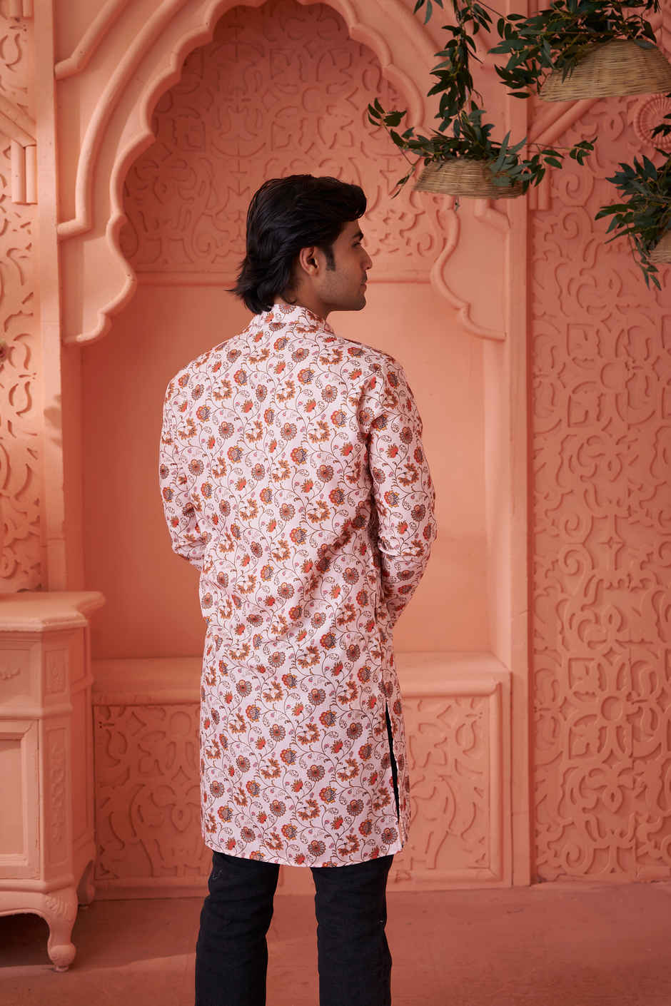 House Of Festivals Men's Printed Cotton Blend Long Kurta | Cream - S