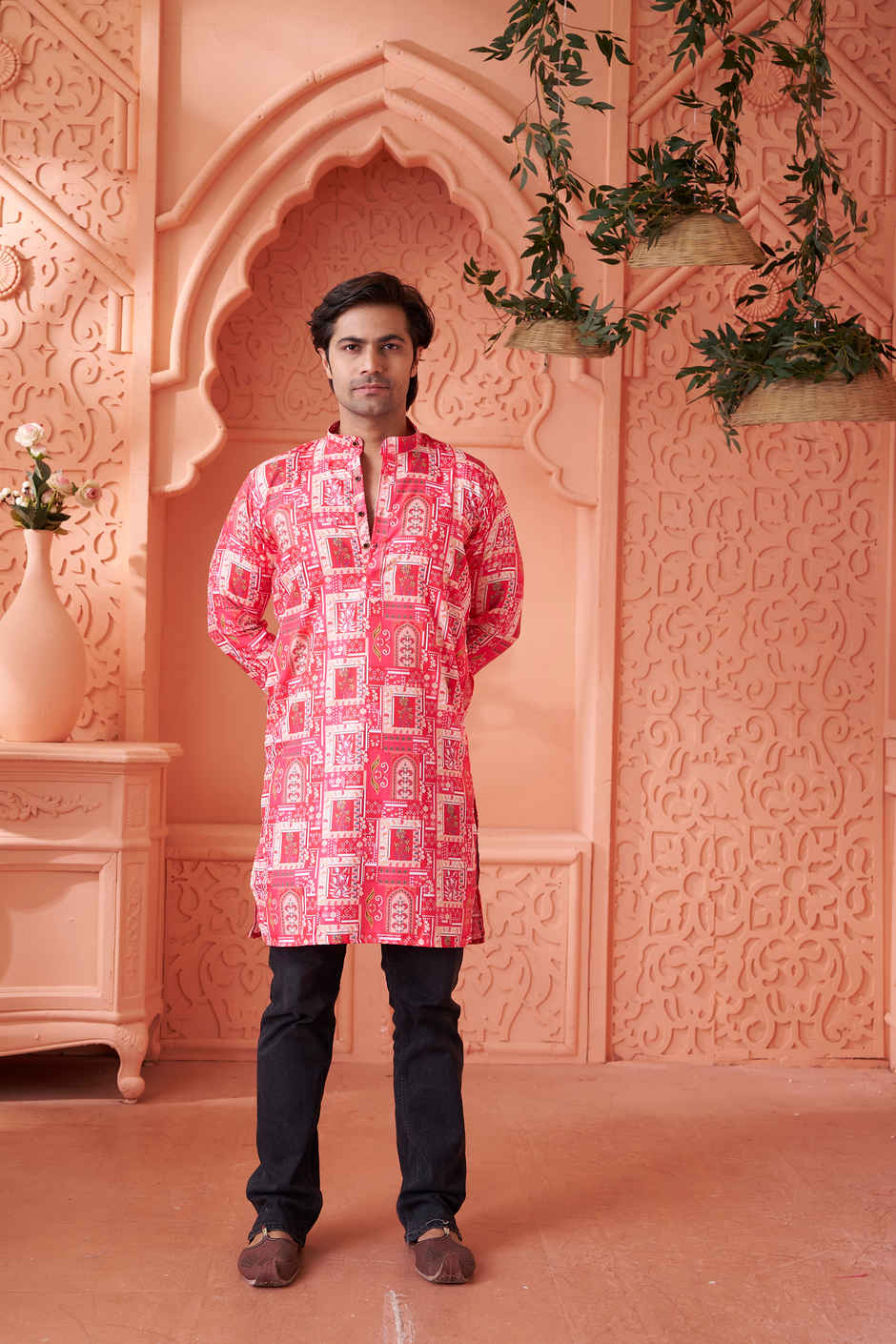 House Of Festivals Men's Printed Cotton Blend Long Kurta | Pink -S