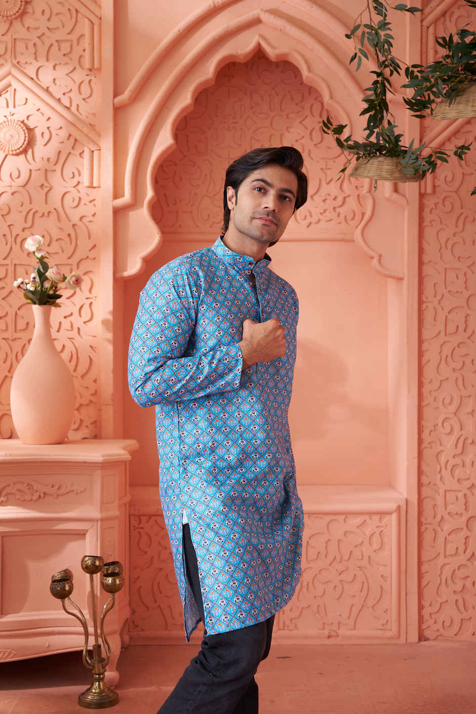 House Of Festivals Men's Printed Cotton Blend Long Kurta | Blue -M