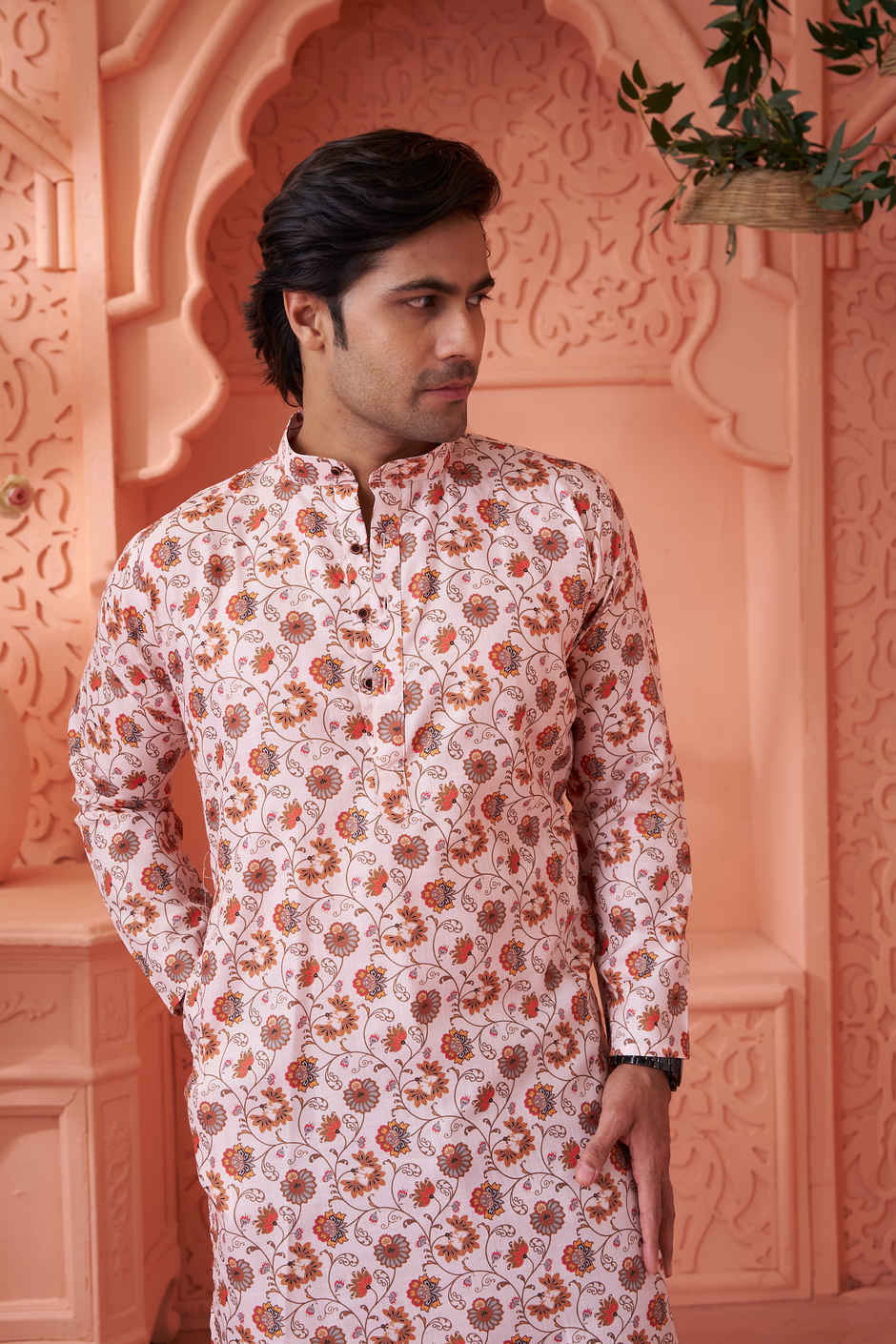 House Of Festivals Men's Printed Cotton Blend Long Kurta | Cream - S