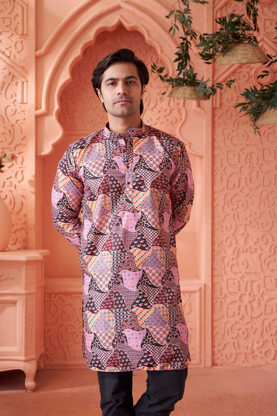 House Of Festivals Men's Printed Cotton Blend Long Kurta | Multicolor - S