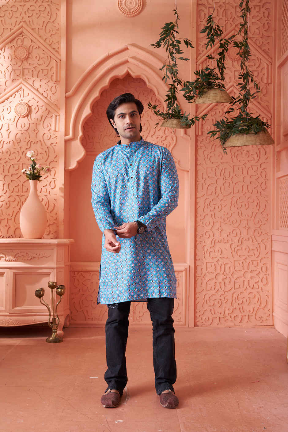 House Of Festivals Men's Printed Cotton Blend Long Kurta | Blue -M