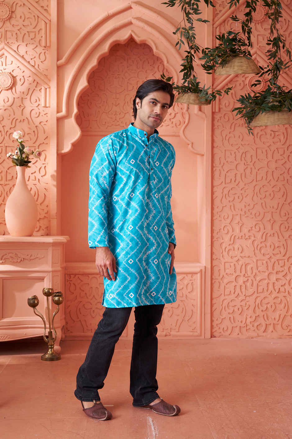 House Of Festivals Men's Printed Cotton Blend Tie & Die Look Long Kurta | Blue - M