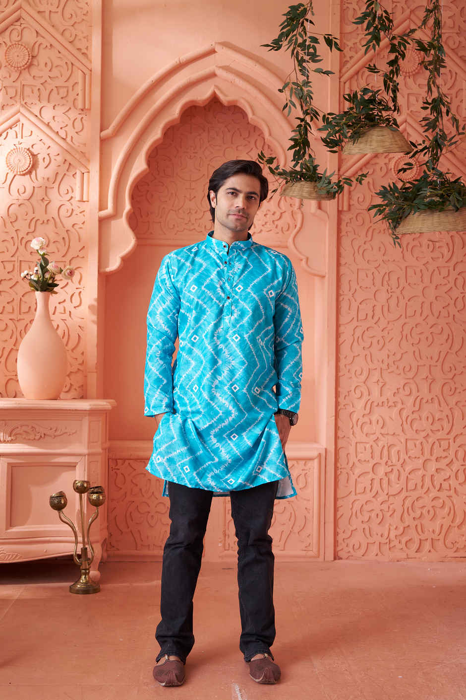 House Of Festivals Men's Printed Cotton Blend Tie & Die Look Long Kurta | Blue - M