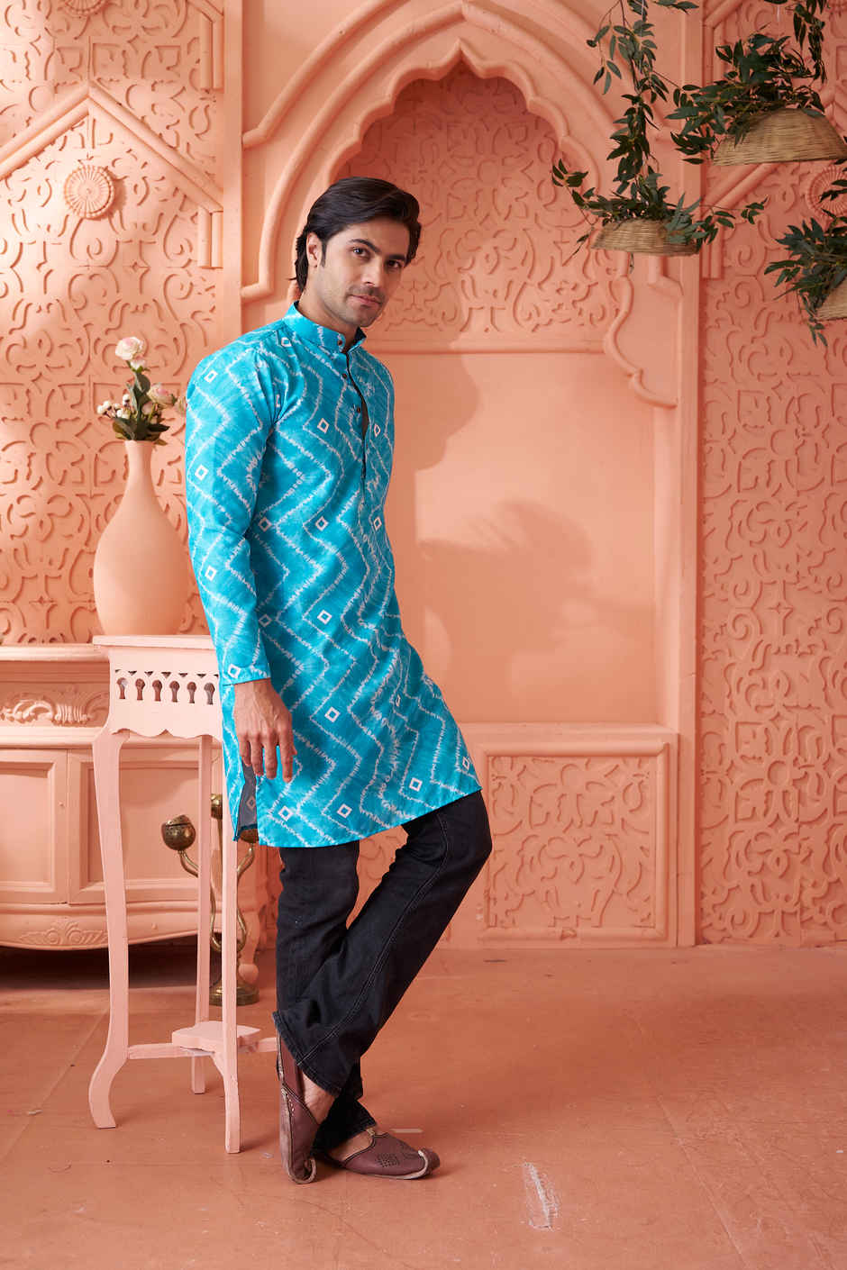 House Of Festivals Men's Printed Cotton Blend Tie & Die Look Long Kurta | Blue - M