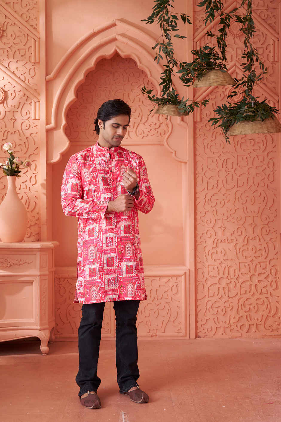 House Of Festivals Men's Printed Cotton Blend Long Kurta | Pink -S