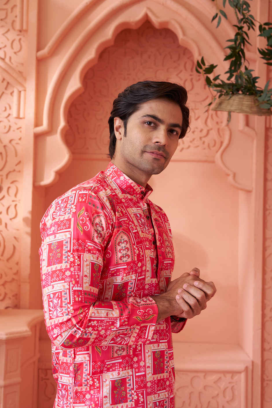 House Of Festivals Men's Printed Cotton Blend Long Kurta | Pink -S