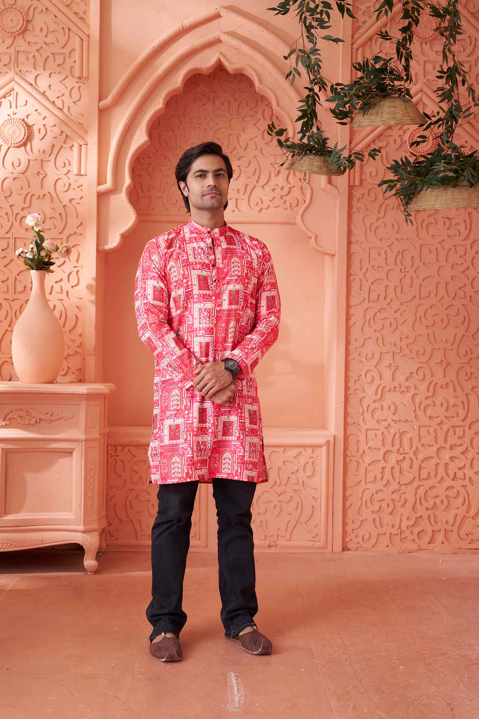 House Of Festivals Men's Printed Cotton Blend Long Kurta | Pink -S
