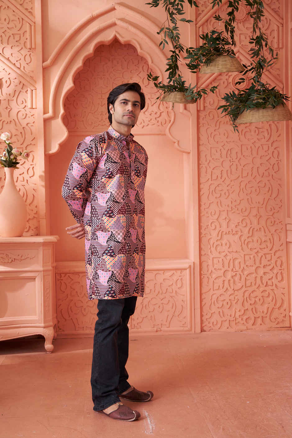 House Of Festivals Men's Printed Cotton Blend Long Kurta | Multicolor - S