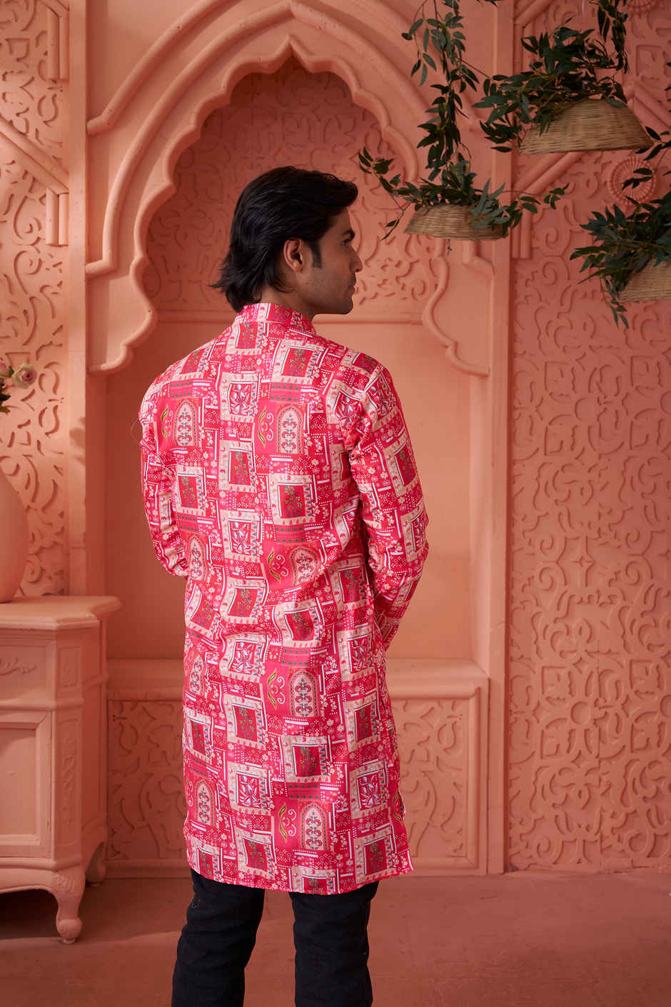 House Of Festivals Men's Printed Cotton Blend Long Kurta | Pink -S