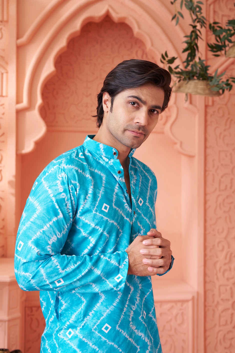 House Of Festivals Men's Printed Cotton Blend Tie & Die Look Long Kurta | Blue - M