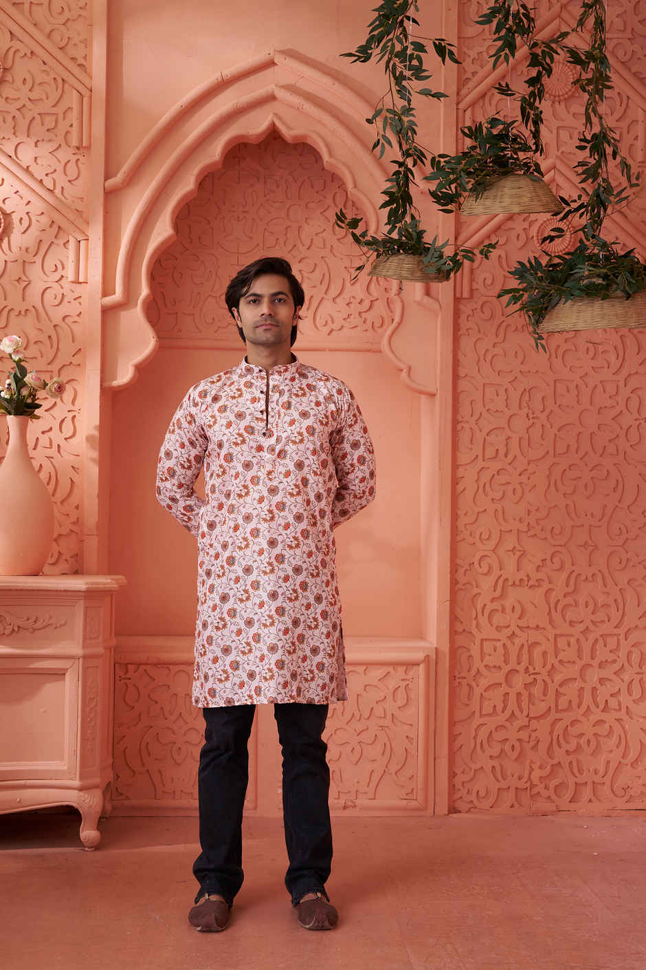 House Of Festivals Men's Printed Cotton Blend Long Kurta | Cream - S