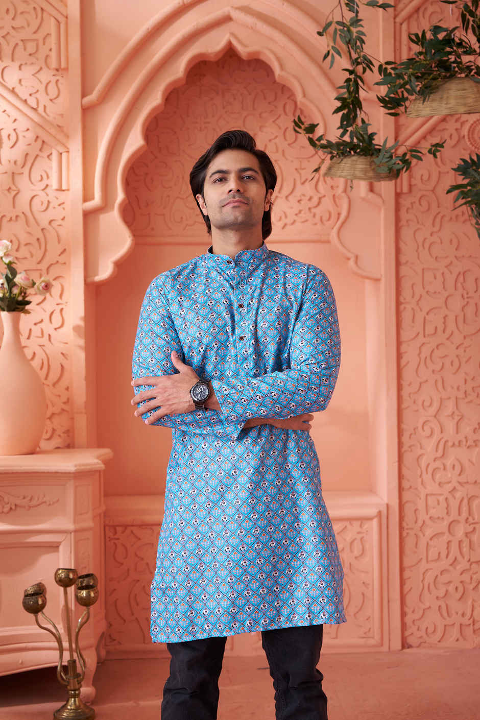 House Of Festivals Men's Printed Cotton Blend Long Kurta | Blue -M