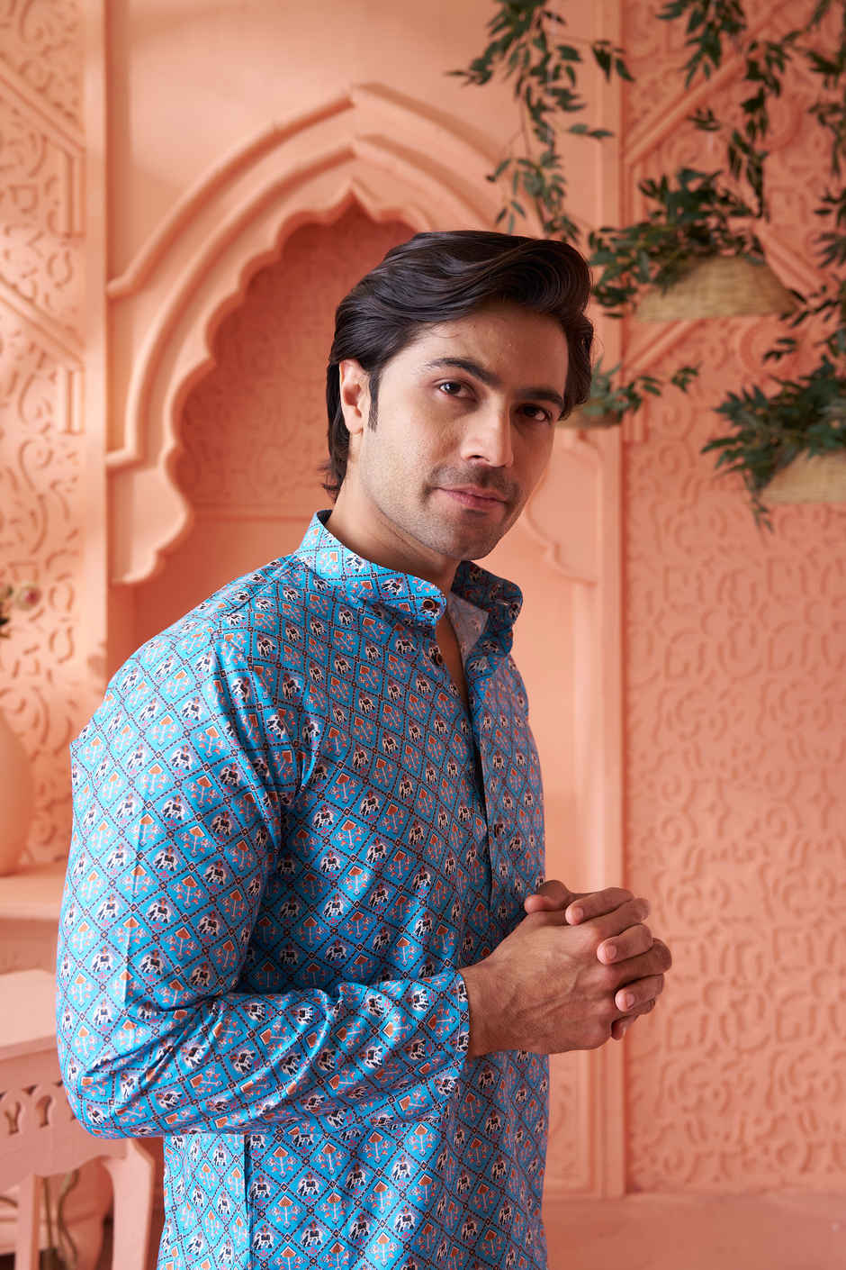 House Of Festivals Men's Printed Cotton Blend Long Kurta | Blue -M