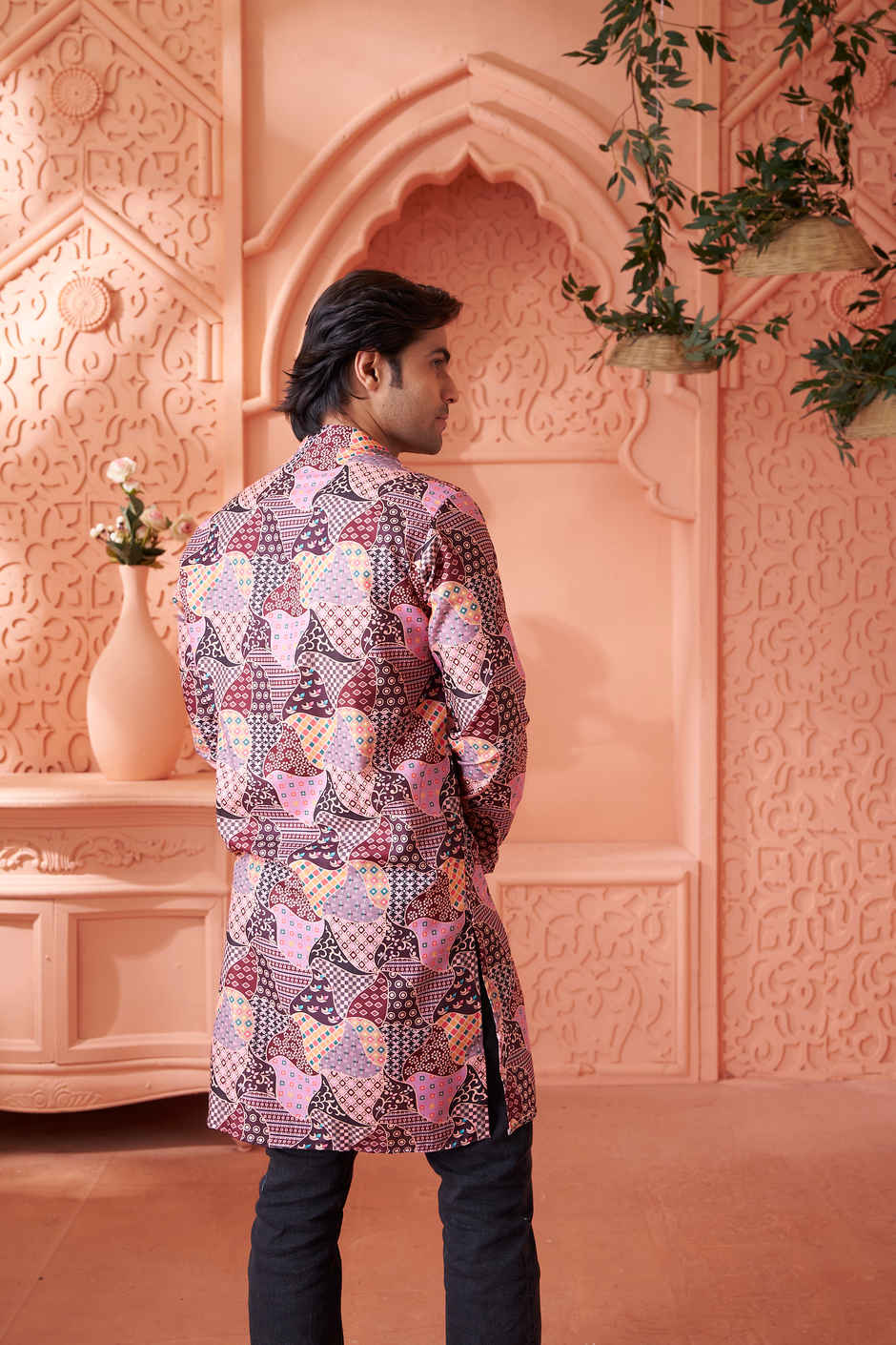 House Of Festivals Men's Printed Cotton Blend Long Kurta | Multicolor - S