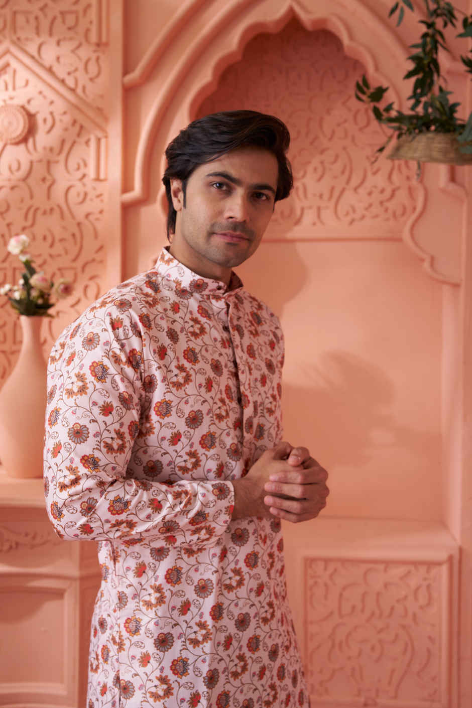 House Of Festivals Men's Printed Cotton Blend Long Kurta | Cream - S