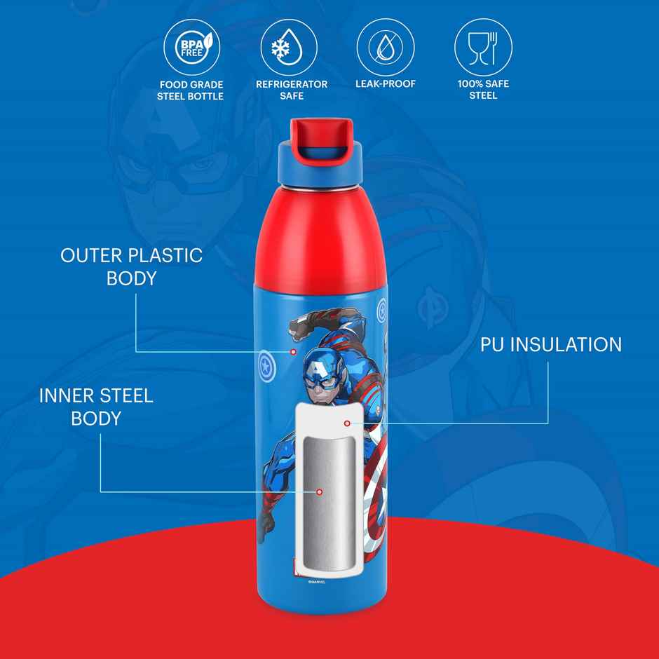 CELLO Kidzbee Uranus 600 Captain America Water Bottle 540ml, Dark Blue | Leakproof Flip Cap