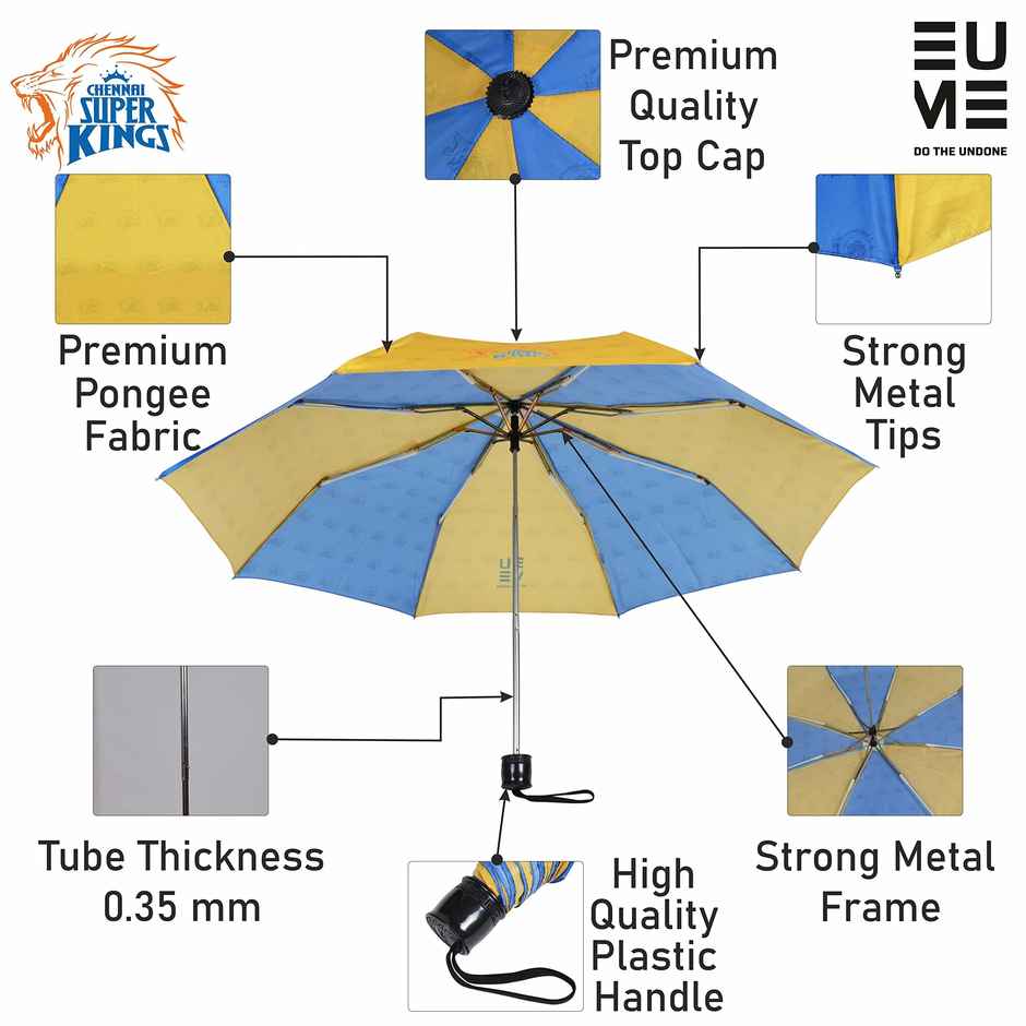 Eume Chennai Super Kings (Csk) Official 21.5 Inch 3 Fold Manual Hand Open Umbrella | Blue & Yellow