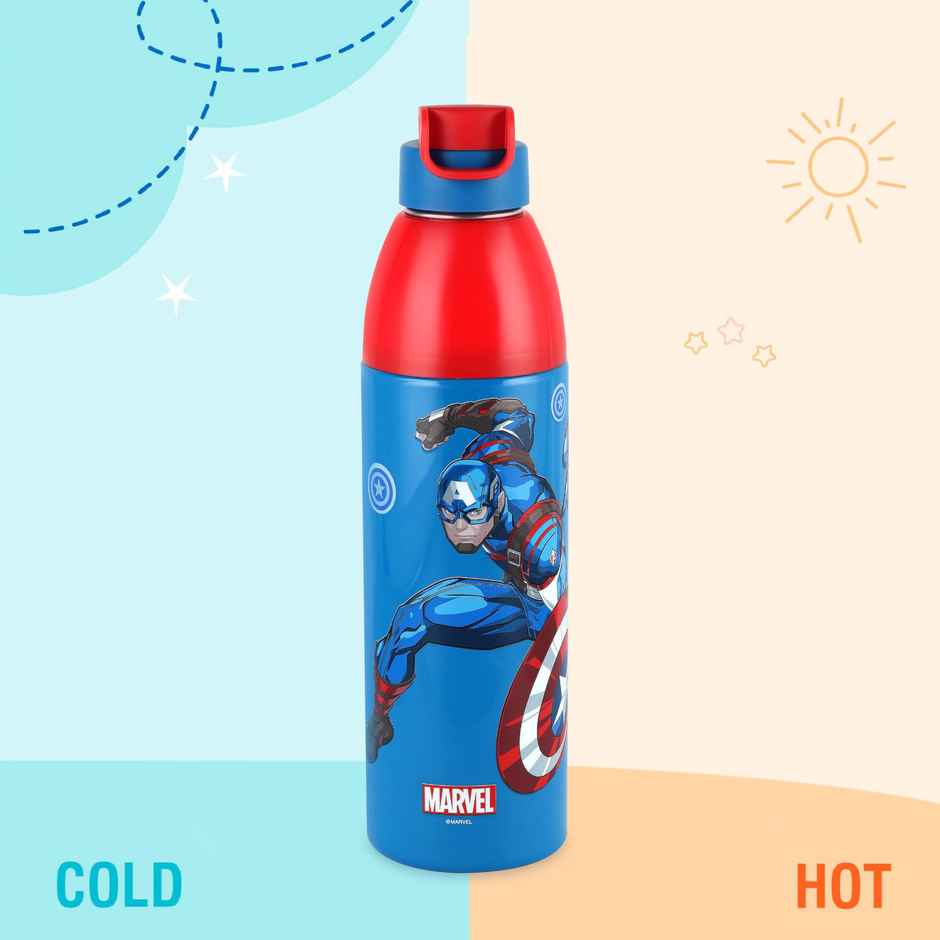 CELLO Kidzbee Uranus 600 Captain America Water Bottle 540ml, Dark Blue | Leakproof Flip Cap