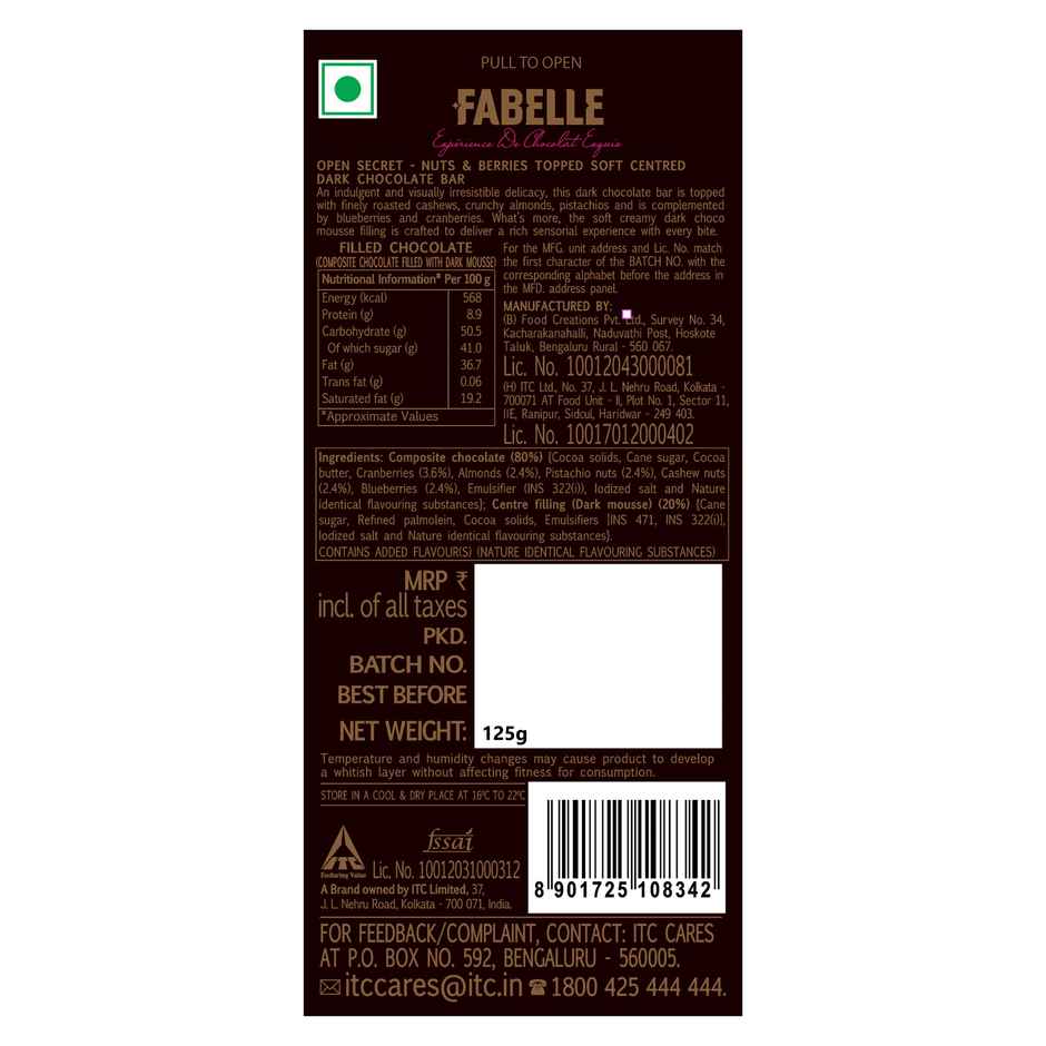 Fabelle Open Secret Dark Chocolate Handcrafted Bar with Exotic Nuts & Berries Handcrafted Bar