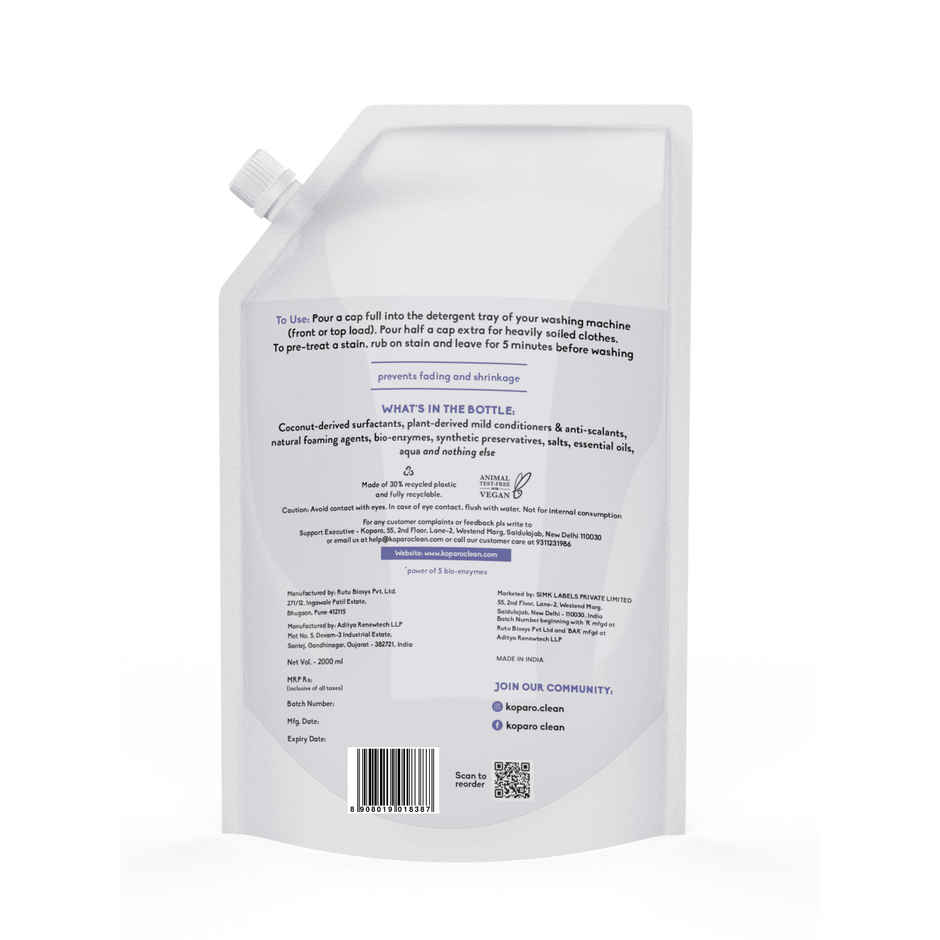 Koparo Clean Lavender & Lilac Front & Top Load Natural Detergent Liquid | Pouch