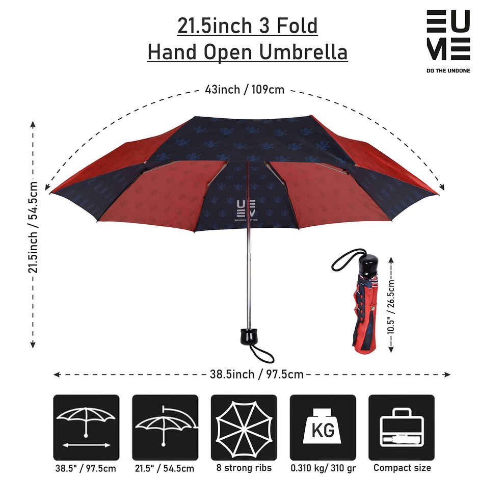 Eume 21.5 Inch 3 Fold Umbrella for Men & Women | Compact, Lightweight, Travel-Friendly | Red