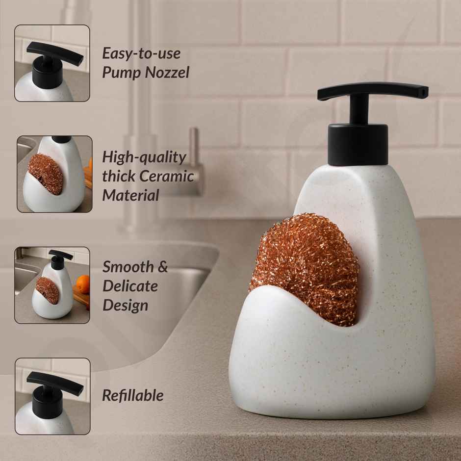 Plantex Liquid Soap Dispenser with Scrubber | Ceramic | Off-White-Black