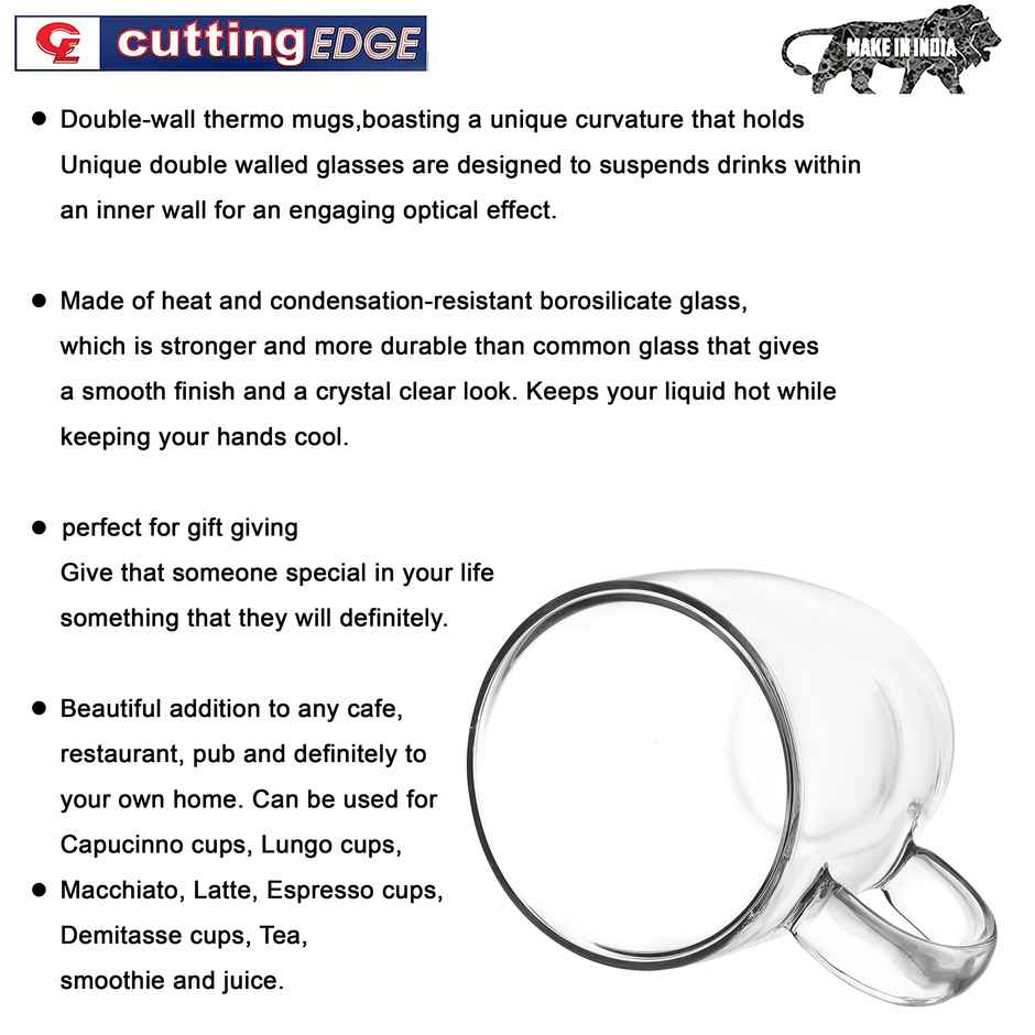 Cutting EDGE Glass Tea & Coffee Iris Cup|170ml|Double Wall Heat Resistant|Set of 2 |Borosilicate