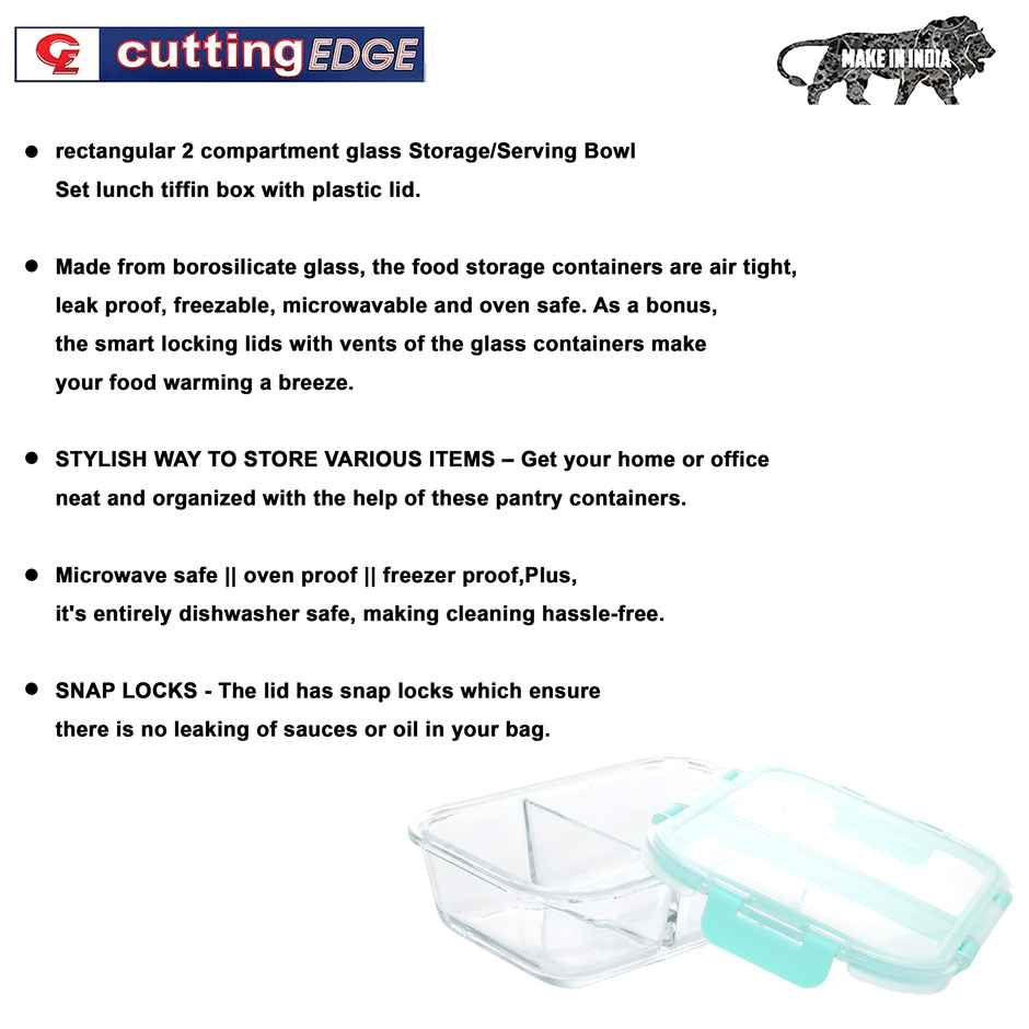 Cutting EDGE 640ml Borosilicate Glass Lunch Box|Partitioned 2 Compartments|Detachable Lock Lid|Green