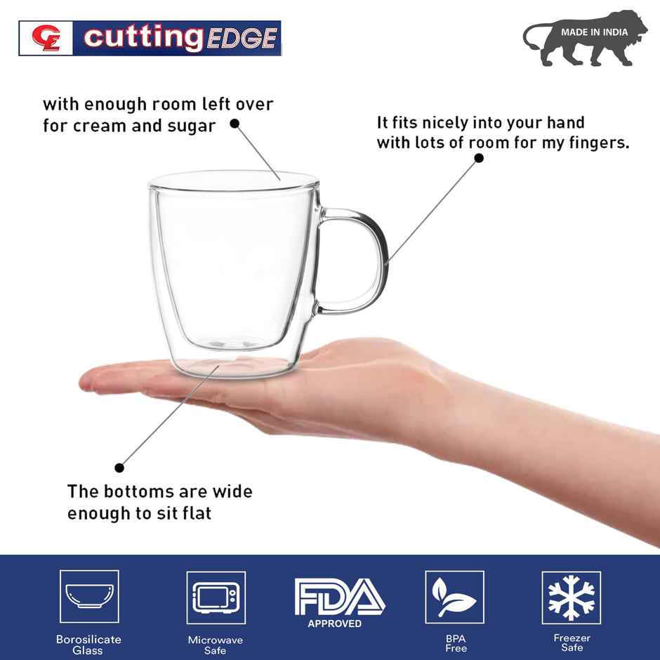 Cutting EDGE Glass Tea & Coffee Iris Cup|170ml|Double Wall Heat Resistant|Set of 2 |Borosilicate