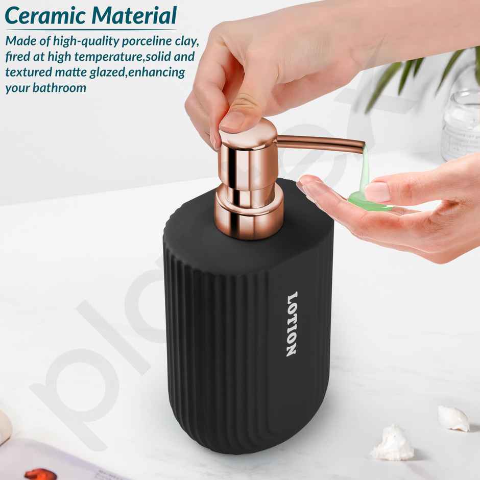 Plantex Bathroom Accessories Set | Soap Dispenser, Soap Case/Holder with Tumbler | Ceramic | Black-Rose Gold