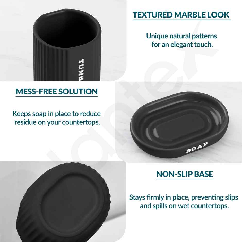 Plantex Bathroom Accessories Set | Soap Dispenser, Soap Case/Holder with Tumbler | Ceramic | Black-Rose Gold