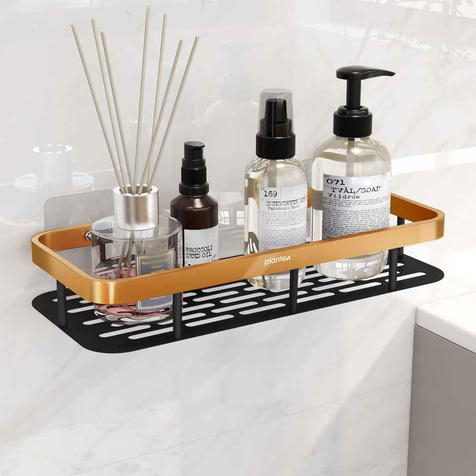 Plantex Bathroom Shelf /Rack | Aluminium | Gold & Black | 12 x 5 inch