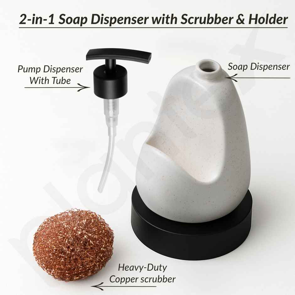 Plantex Liquid Soap Dispenser with Scrubber | Ceramic | Off-White-Black