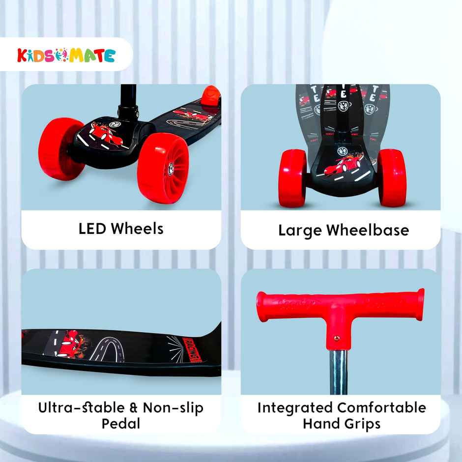 Kidsmate Cruiser Kick Scooter with Broad Wheels & Foldable Design for Kids 2-12Y - Black