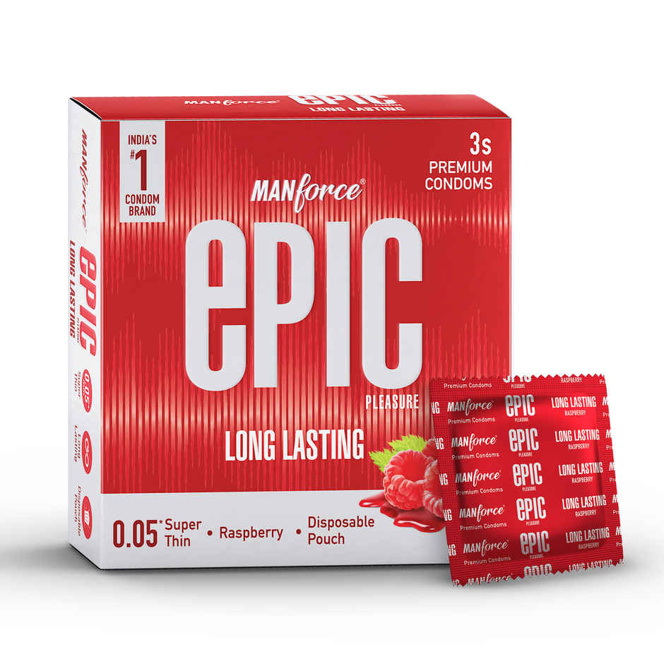 Manforce Epic Pleasure Condoms | Long Lasting, Super Thin, Raspberry Flavour | Disposable