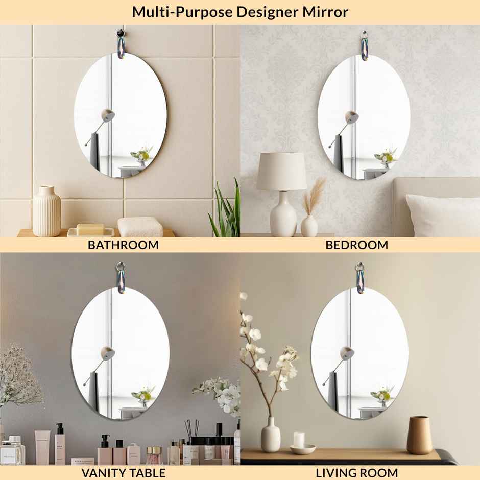 Art Street Frameless Oval Glass Wall Mirror | Self Adhesive Bathroom Bedroom Mirror
