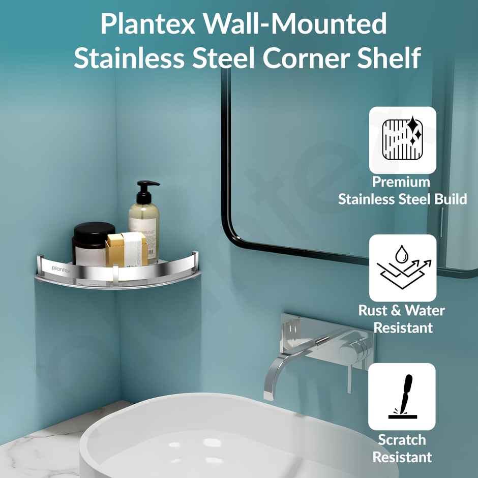 Plantex Pitru Bathroom Corner Shelf/Rack | Stainless Steel | Chrome | 9 x 9 inch