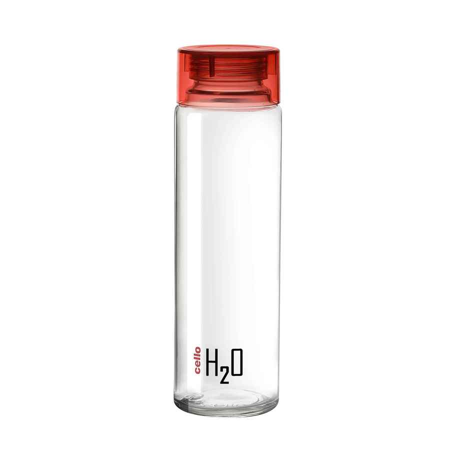 Cello Glass H2O Fridge Water Bottle with Plastic Cap | Red | 920 ml