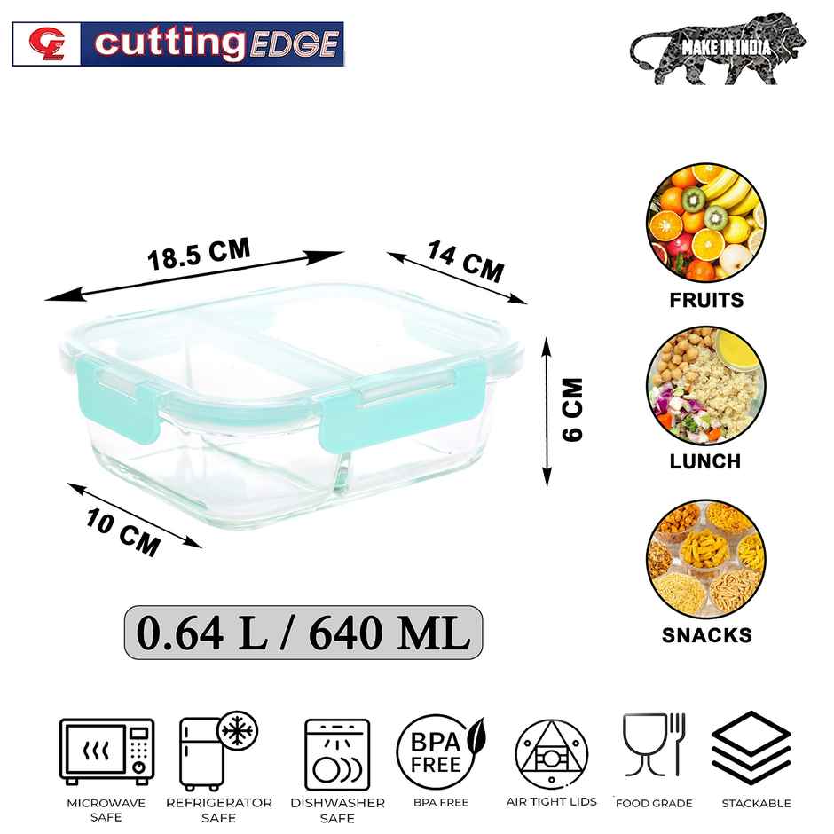 Cutting EDGE 640ml Borosilicate Glass Lunch Box|Partitioned 2 Compartments|Detachable Lock Lid|Green