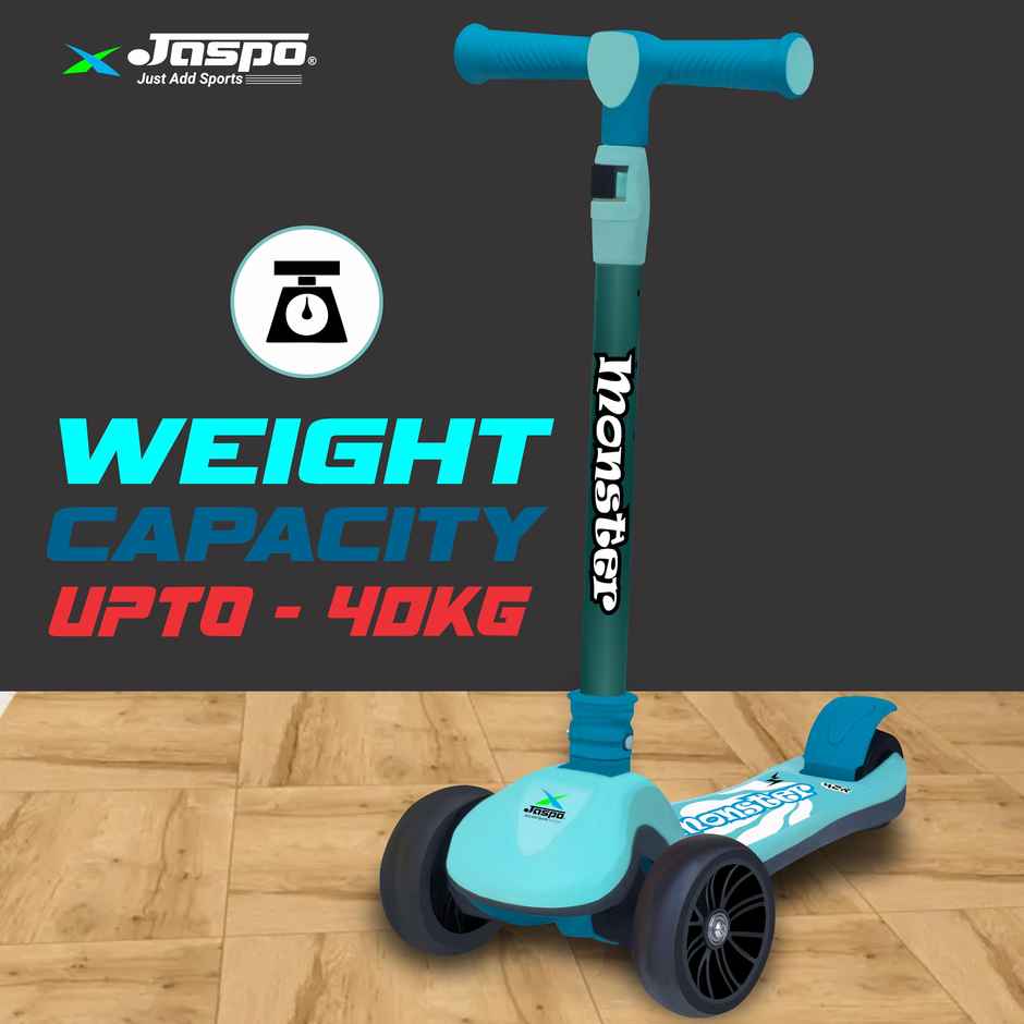 Jaspo Monster Kick Scooter for Kids 3+ Years - Foldable Kids Scooter with Led (upto 40Kg) Cyan