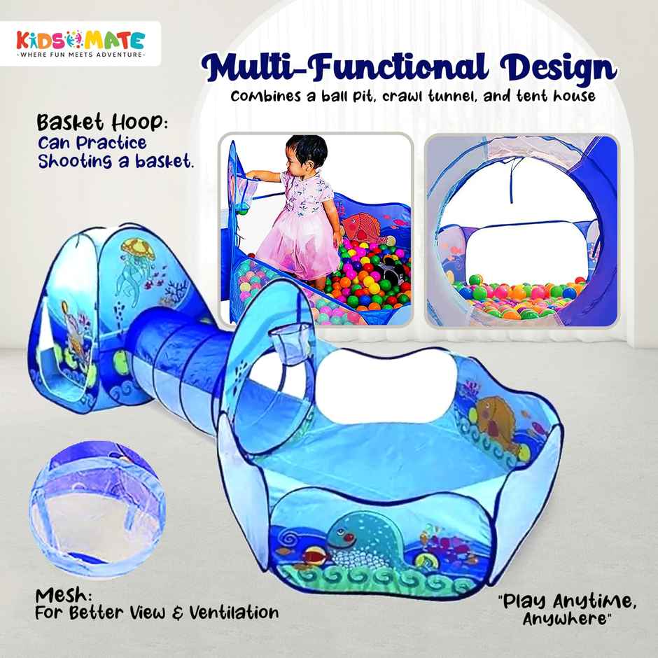 Kidsmate 3-in-1 Tunnel Ball Pool Tent Set for Kids 1-5Y - Indoor/Outdoor Play - Blue