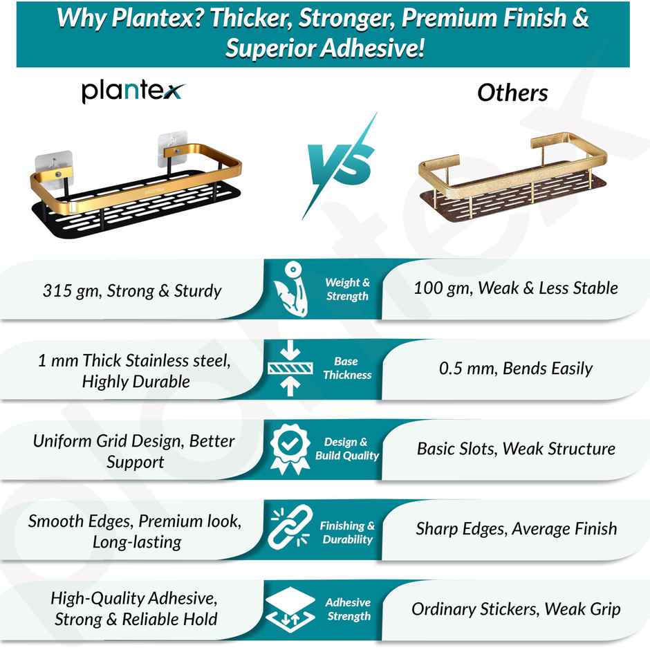 Plantex Bathroom Shelf /Rack | Aluminium | Gold & Black | 12 x 5 inch