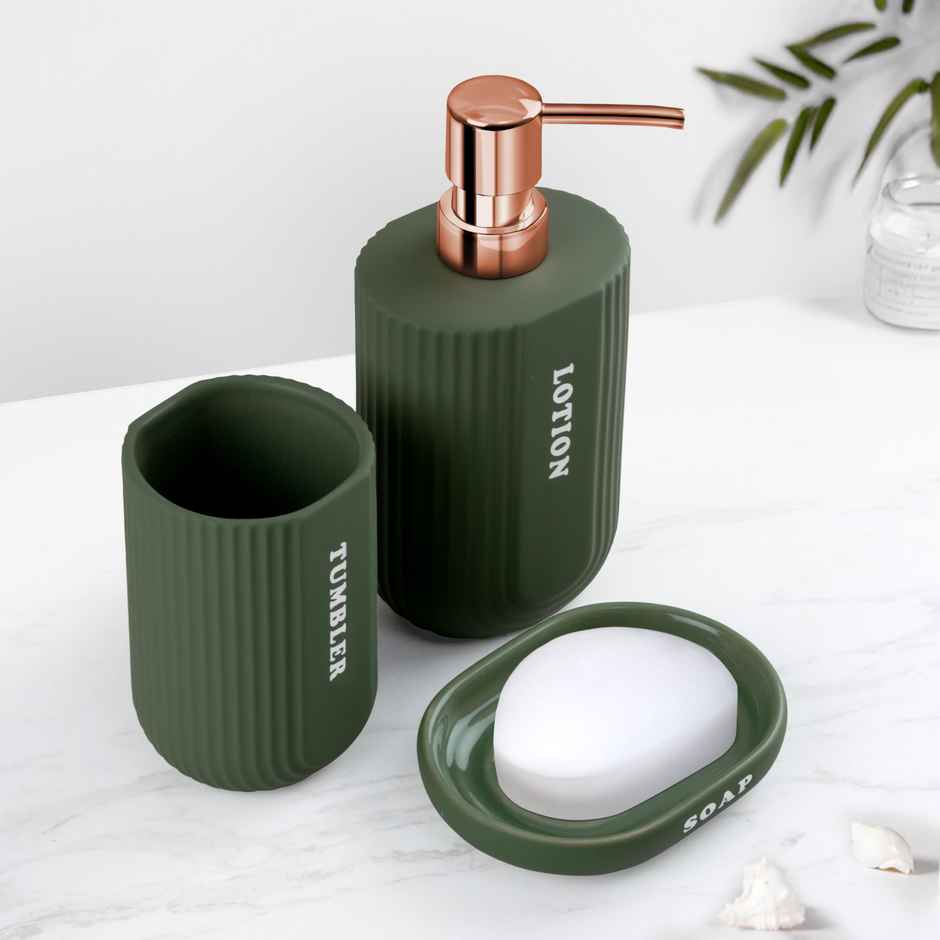 Plantex Bathroom Accessories Set | Ceramic | Green-Rose Gold