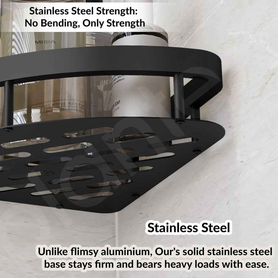 Plantex Bathroom Corner Rack/Shelfs | Aluminium - Stainless Steel | Black | 8 x 8 inch