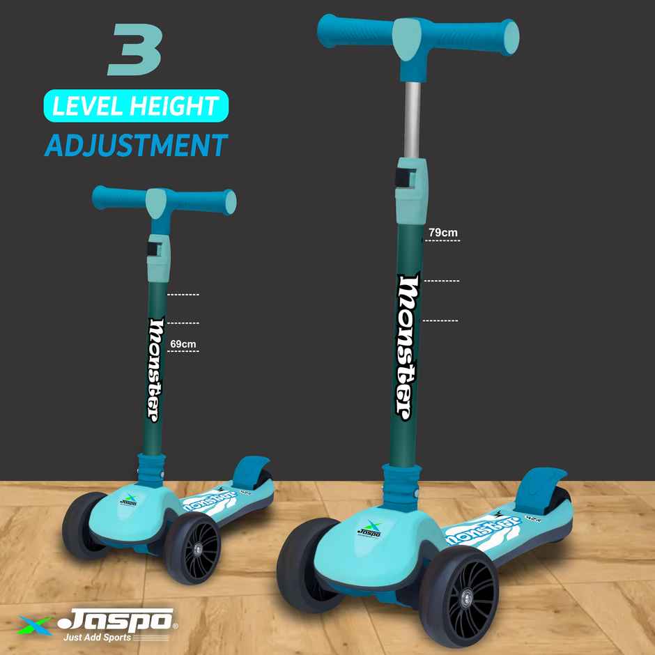 Jaspo Monster Kick Scooter for Kids 3+ Years - Foldable Kids Scooter with Led (upto 40Kg) Cyan
