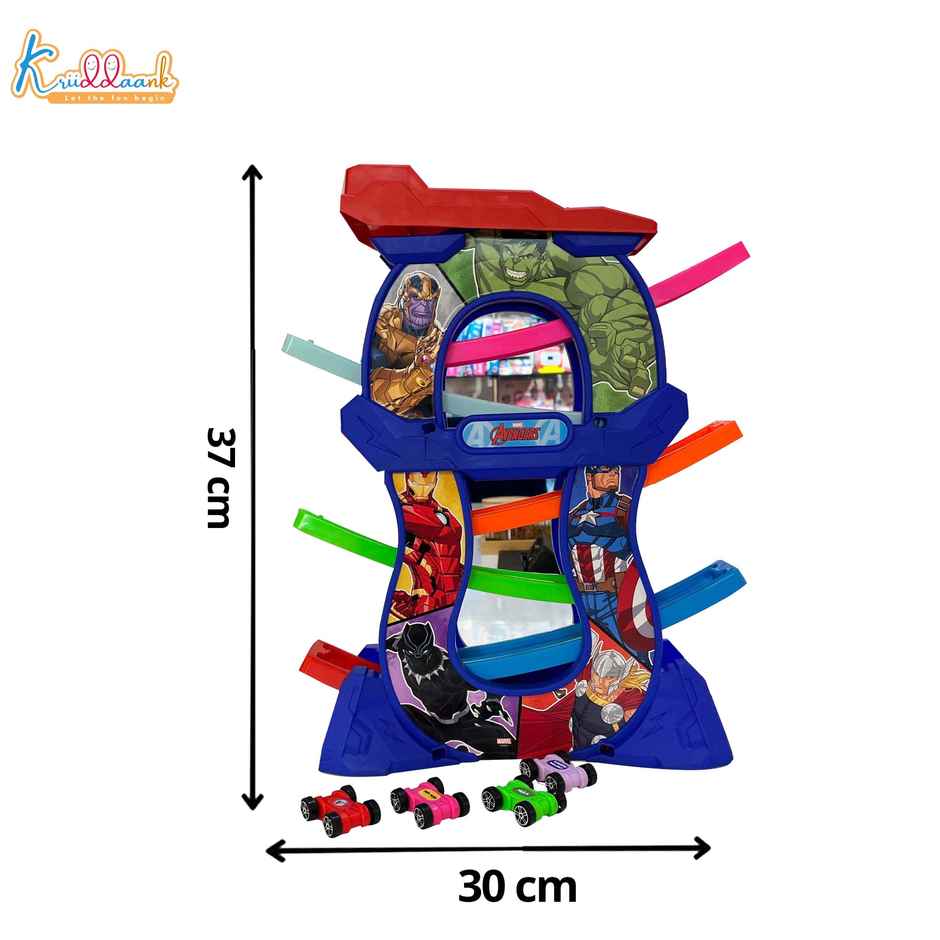 Kriiddaank Avengers Zig Zag Zoomer - Ramp Racer Car Track Set for Toddlers 15 Pieces 4 Mini Vehicles